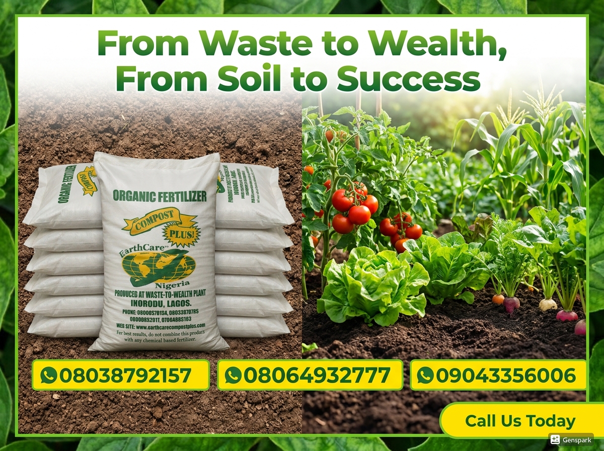 Earthcare CompostPlus bags stacked with thriving garden
